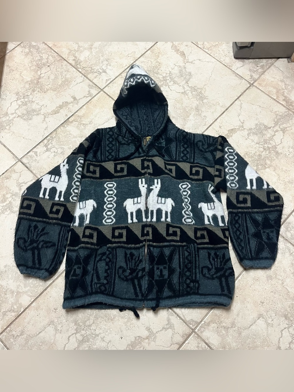 Vintage Tejidos Rumiñahui Men’s Alpaca Wool Hooded Zip Up Sweater Jacket Size XL
